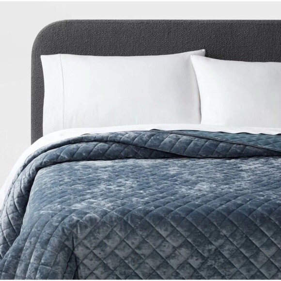 Full/Queen Luxe Diamond Stitch Velvet Quilt Slate Blue - Threshold NEW - Picture 1 of 5
